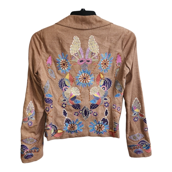 Pinko Womens Tan Silk/Linen Embroidered Floral Blazer Jacket US Size Small - Picture 3 of 7
